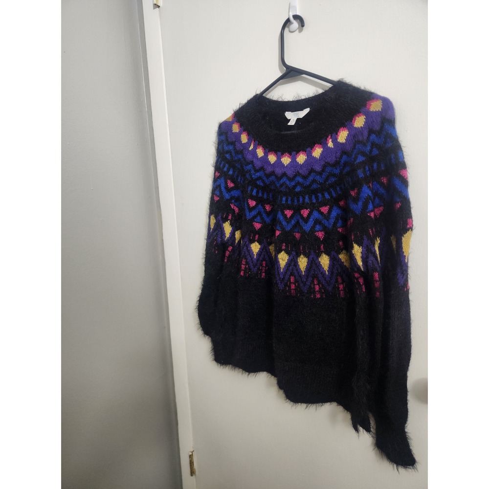 Time and Tru Womens Black Fair Isle Eyelash Knit Sweater Metallic Accents Medium